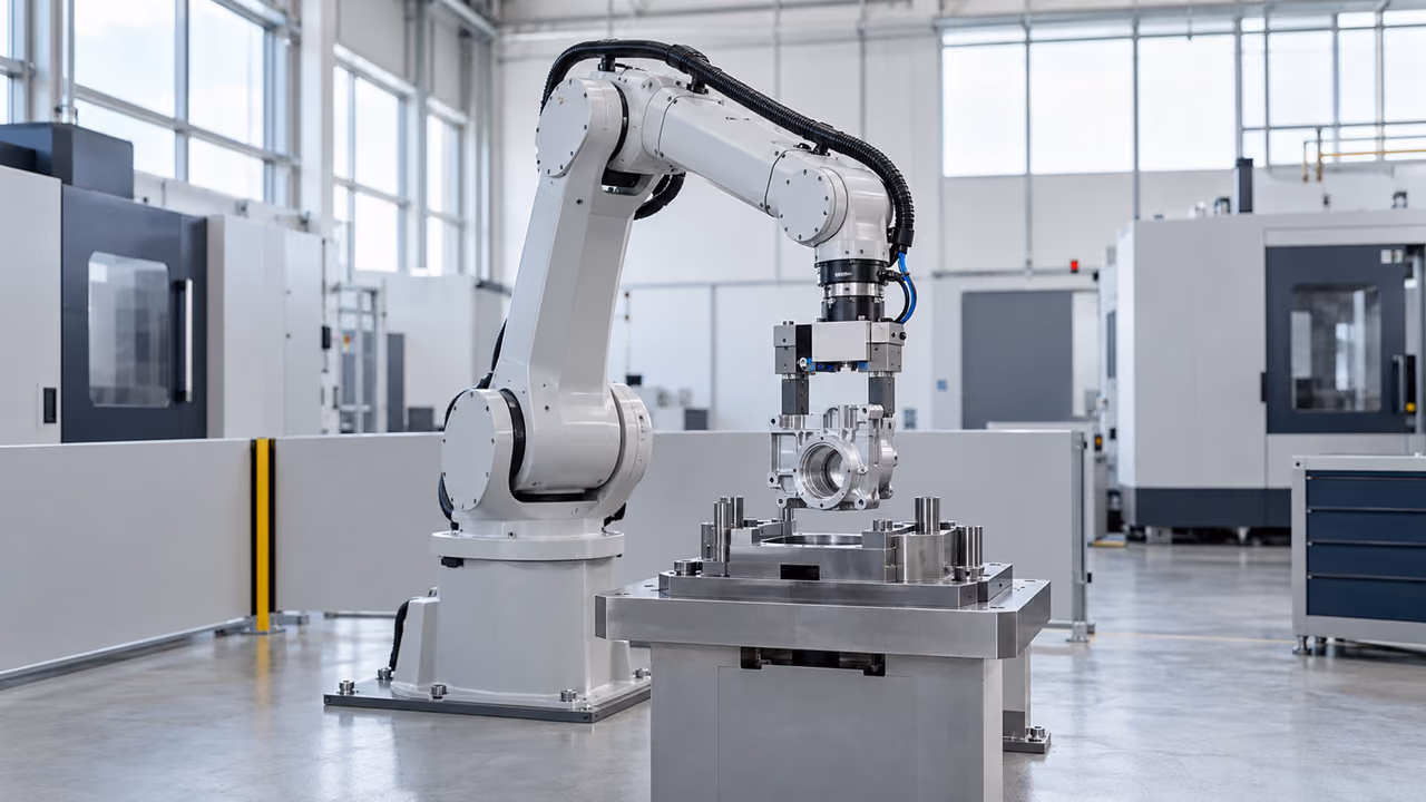 Robot arm placing a cast housing into a fixture in a bright production hall