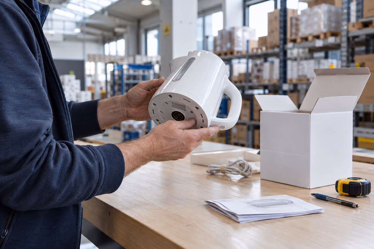 Person in a warehouse checking the underside of a white electric kettle next to an open box, a power cord and printed instructions